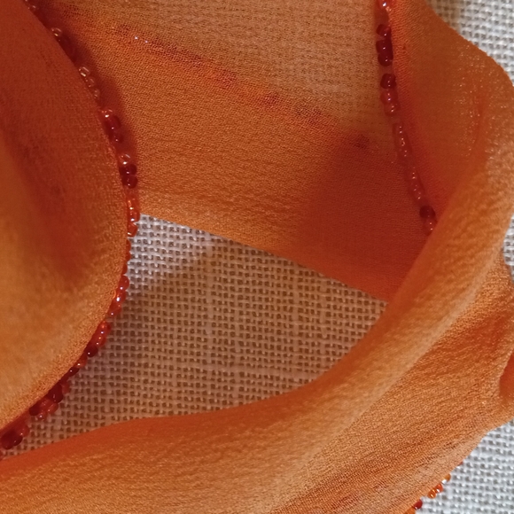 2 SILK Skinny Scarfs in Beaded Tassels in Orange & Green Silk Chiffon - Picture 6 of 8